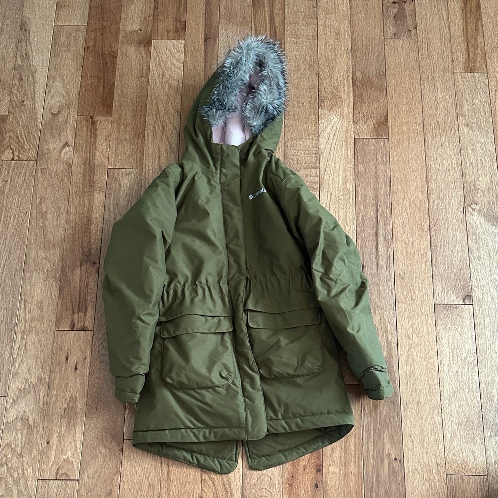 Columbia Olive Green Kids Parka Jacket with Faux Fur Hood